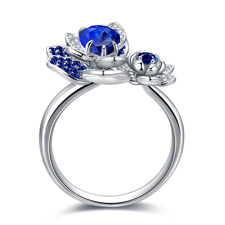 Gemfiori Female Luxurious Flower Ring Resizeable Blue Sapphire Diamond 14k 18k Rings in Solid Gold