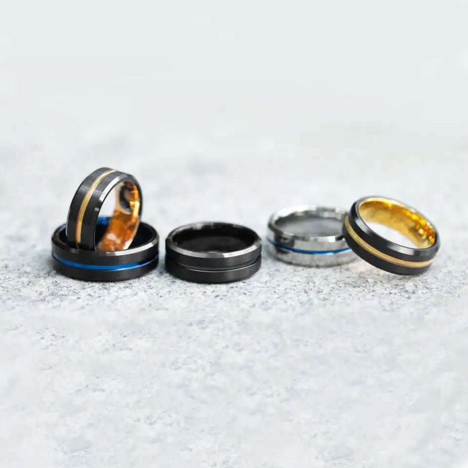 Black Tungsten Carbide Ring Thin Blue Line Inlay Fashion Jewelry Wedding Ring for Men and Women