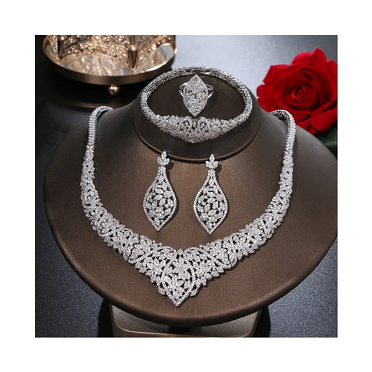 Luxury Sparkly Zirconia 4-Piece Indian & African Geometric Bridal Set — Gold & Rhodium Plated
