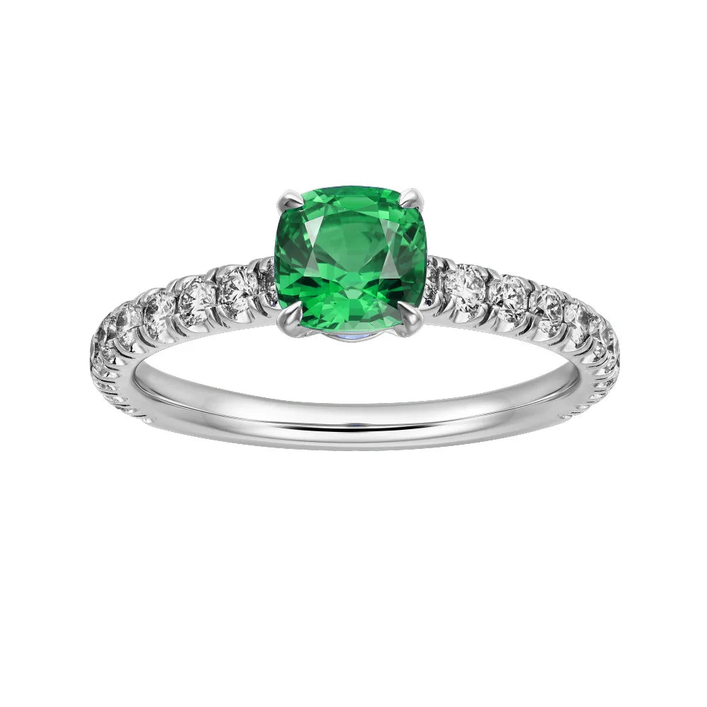 Silverelli | 925 Silver 2ct Lab Grown Green Gemstone Square Ring | Platinum Plated | Pave Setting