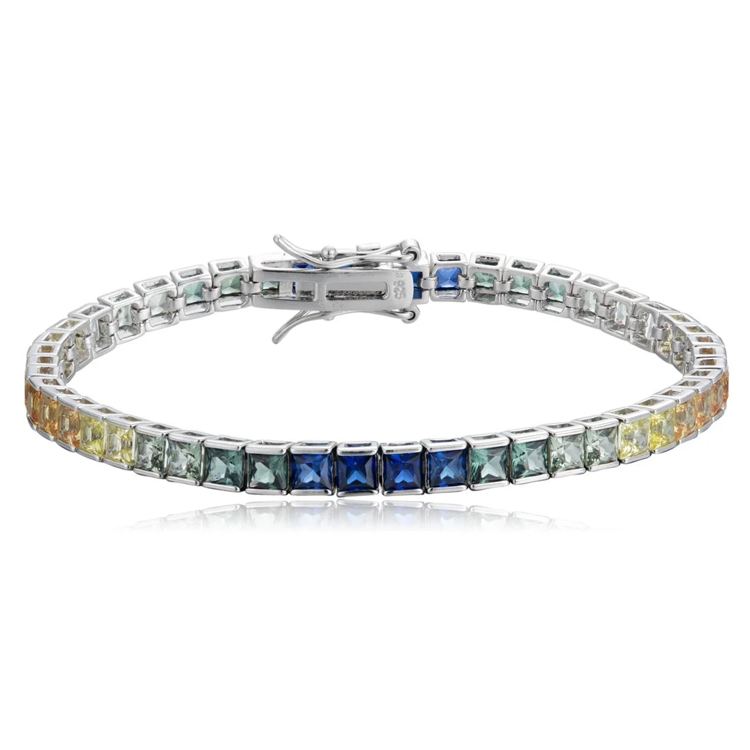 Gemfiori Unisex Rainbow Color Bracelets Silver S925 Tennis Bracelet Chain 3mm Princess Cut Fine Jewelry Party Gift for Her Wedding