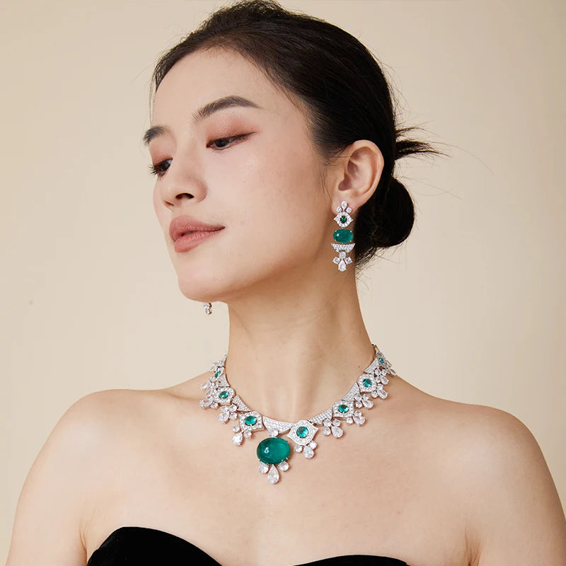 Classic Retro Women's Brass Green Zirconia Necklace Earrings Anti-oxidation Suitable for Wedding Parties Are the Perfect Gift