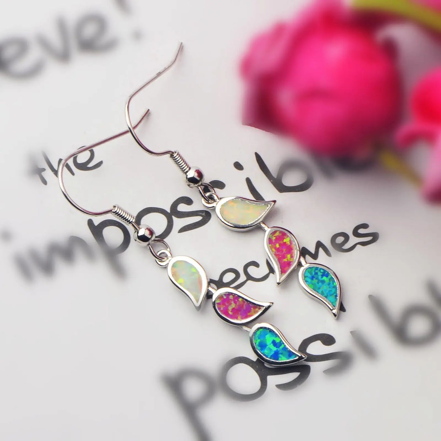 Gradient Leaf Opal Drop Earrings - Iridescent Multi-Color Opal Leaf Design | Nature-Inspired Jewelry Bulk Gifts