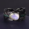 ArtistA Abiding Black Gun Plated 925 Sterling Silver Natural Moonstone Versatile Feather Pin Pendant Brooch Ring Bracelet 4 Piece Set