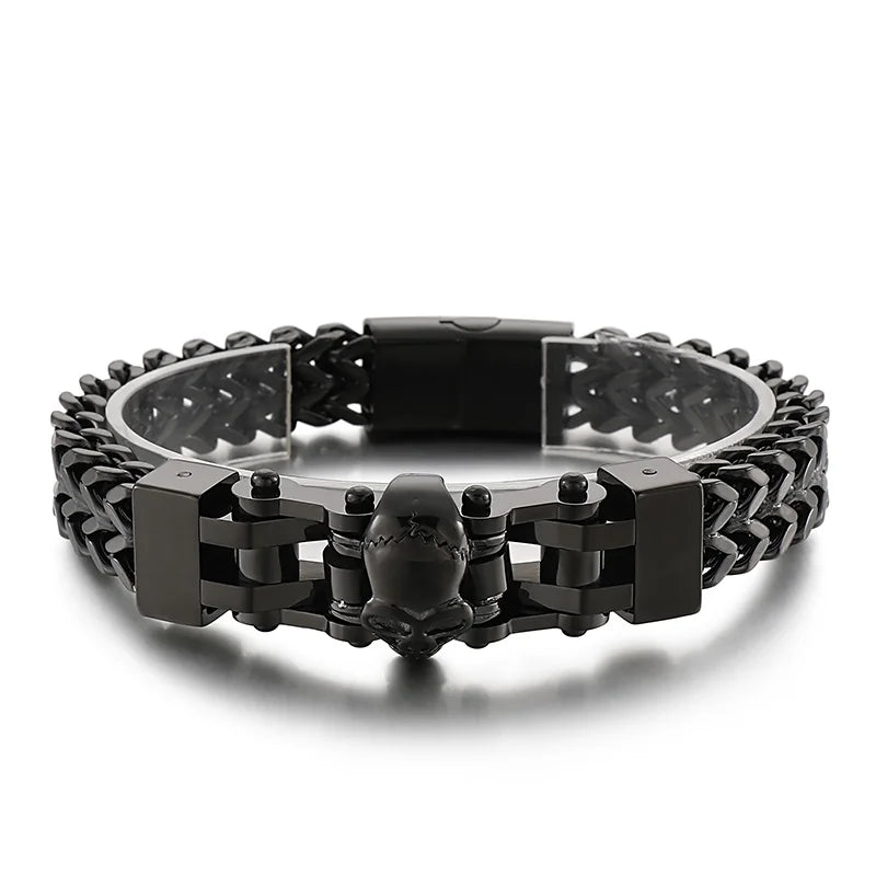 KALEN Punk Fine Jewelry Fashion Bracelets Men Stainless Steel Skull Berringbone Links Bracelet Bangle
