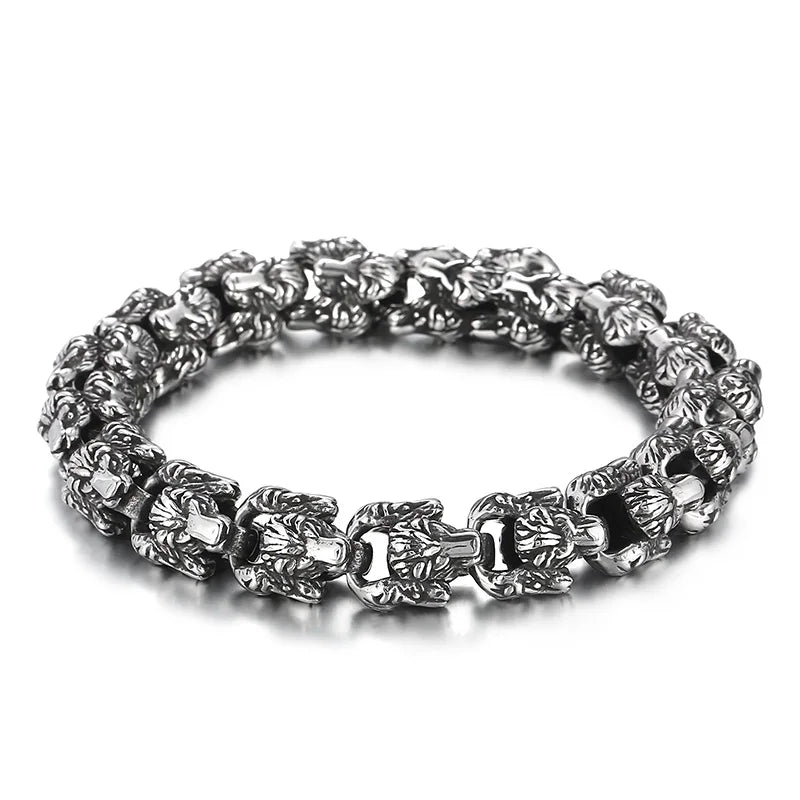 VIKING Mens Punk Lion Head Stainless Steel Link Bracelet – Silver