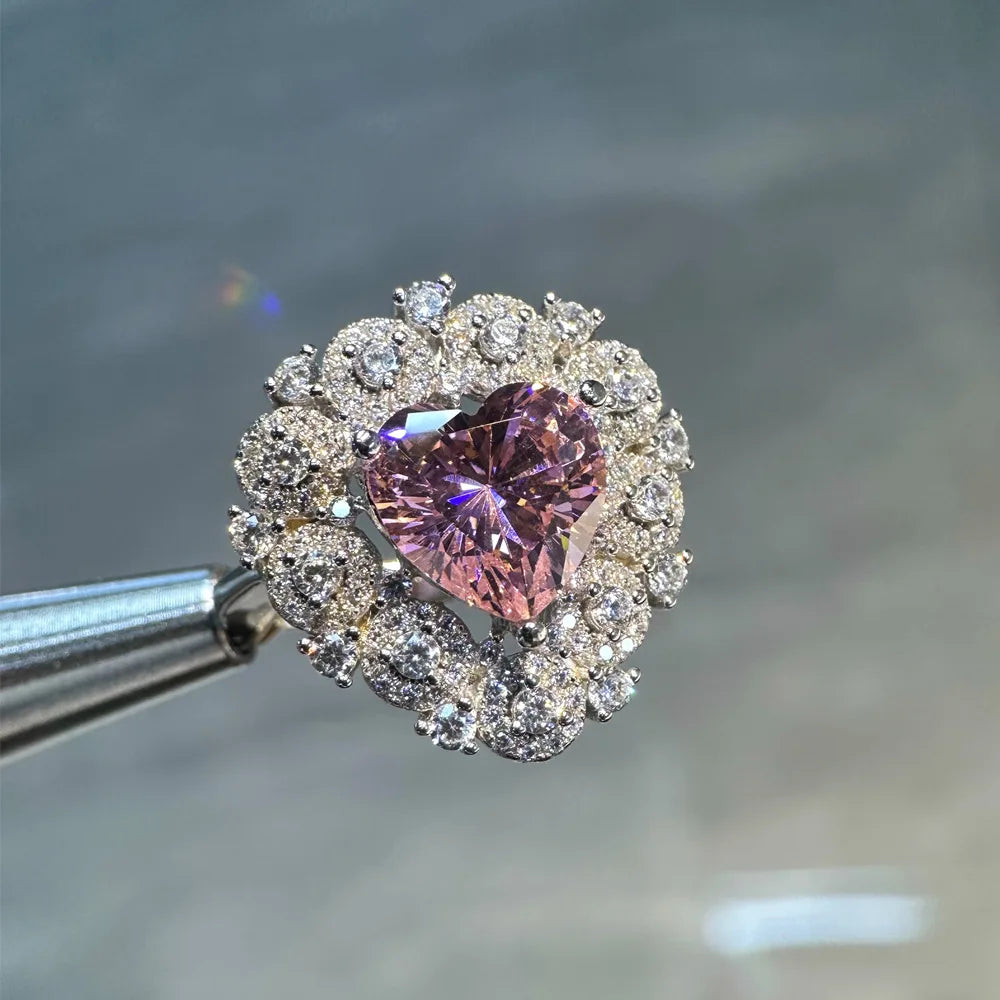 MuShan Women's Luxury Champagne Diamond Heart Shaped High Carbon Wedding Ring S925 Pure Silver Platinum Plated CMA Party