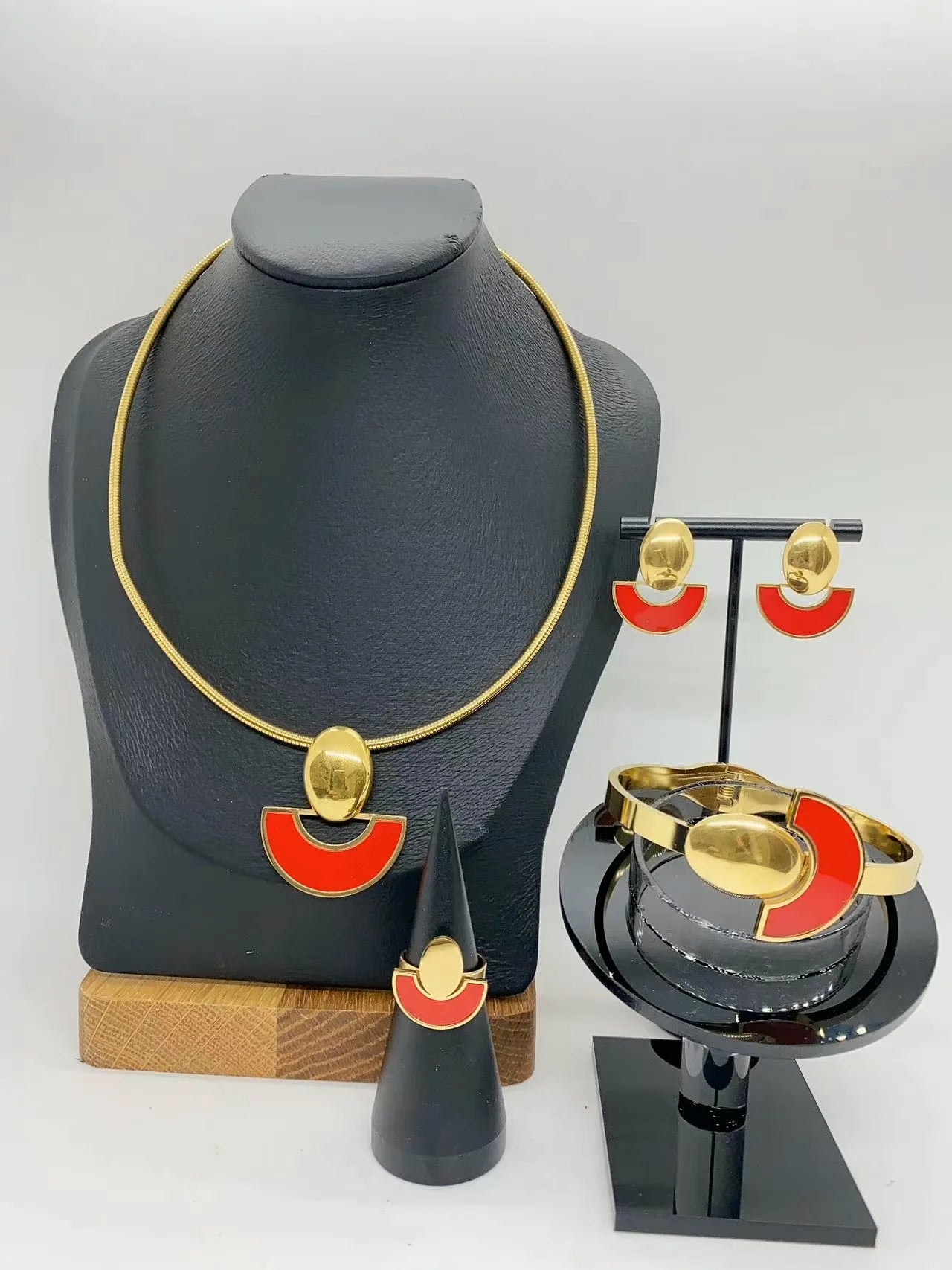 Pearl Choker & Enamel Oil Drop Earrings Jewellery Set | Half-Circle Stainless Steel Fashion Set