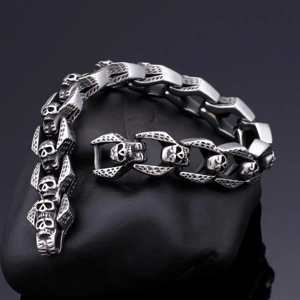 KALEN Punk Stainless Steel Multiple Skull Heads Charm Bracelets