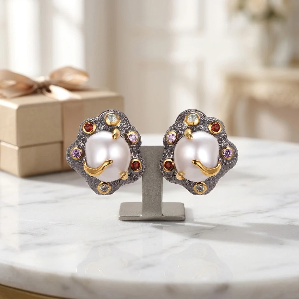 Stud Artificial Pearl Earrings 925 Sterling Silver Latest Design Women Handmade CLASSIC Perfect Lead & Nickel Free Silver Stone