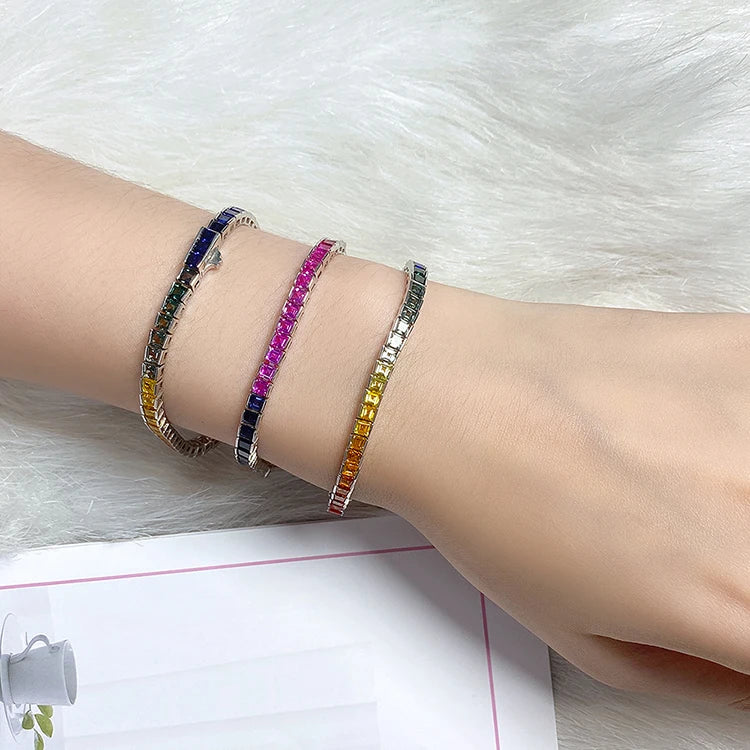 ArtistA Women High Quality Multi Color Gemstone Bracelet Jewelry 925 Sterling Silver Rainbow Lab Grown Sapphire Tennis Chain