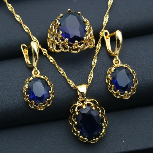 Classic Gold Plated Custom Wedding Jewelry Set for Women Includes Earrings Pendant Ring with Zircon Stones for Parties