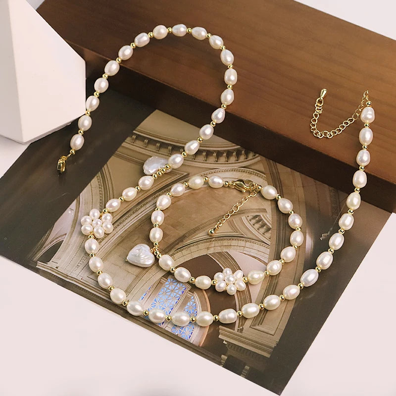 GLSEEVO Natural Freshwater Pearl Heart Flower Jewelry Set for Wedding Bridal White Pearl Necklace Bracelet Set Fashion Jewelry