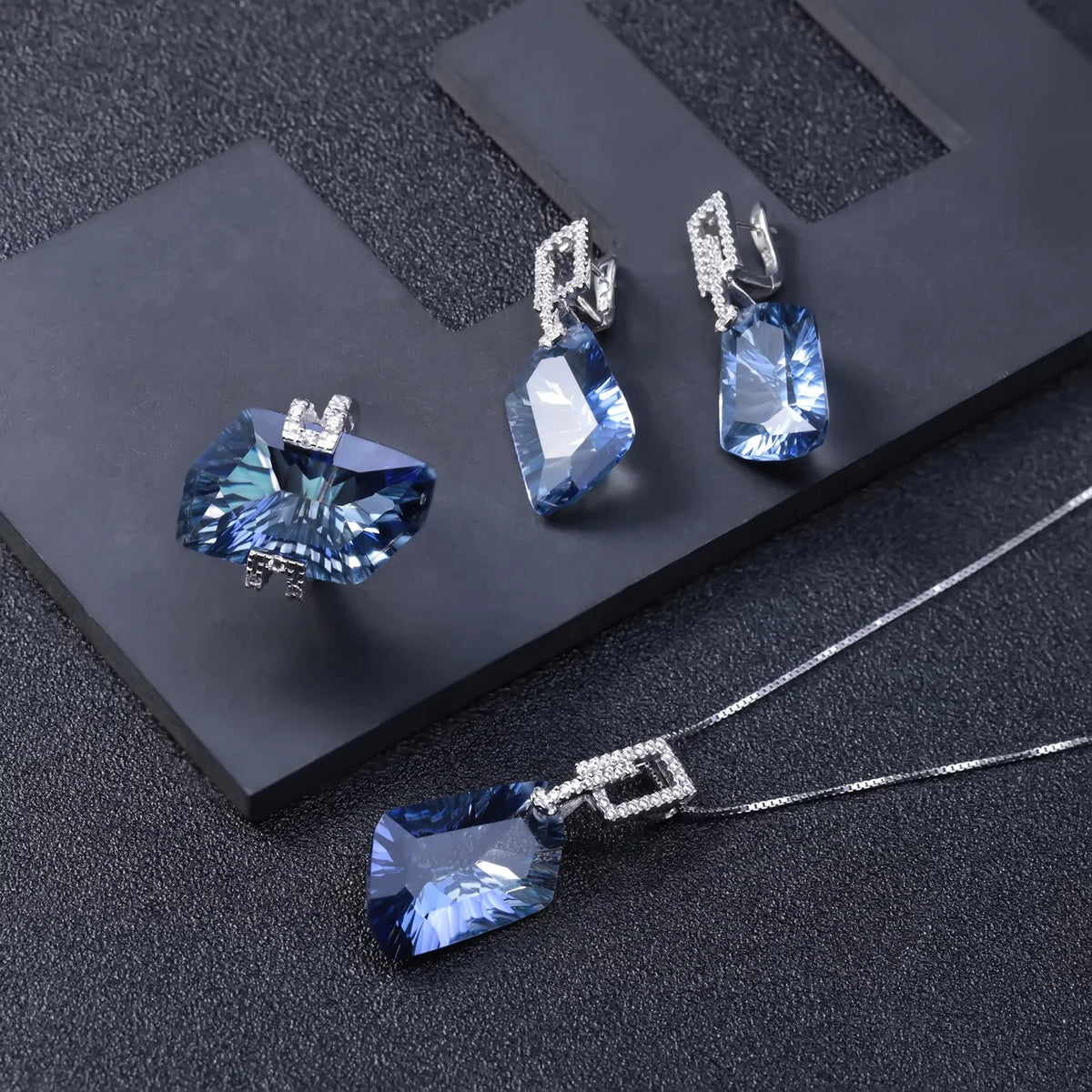 ArtistA Abiding Modern Luxury Big Stone Non Tarnish Natural Mystic Smoky Quartz Silver 925 Bridal Jewelry Set
