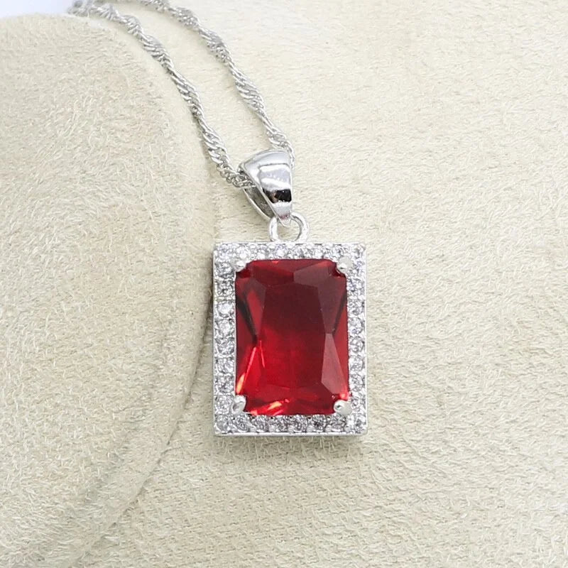 XOTICA Women's Red Zirconia Bridal Jewelry Set Silver Color Wedding Pendant Bracelet Rings Necklace for Parties Gifts Engagements