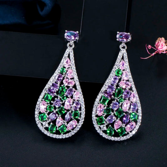 S&S Purple CZ Water Drop Dangle Earrings – Multi-Shape – 925 Silver Pin – Rhodium Plated – Collection