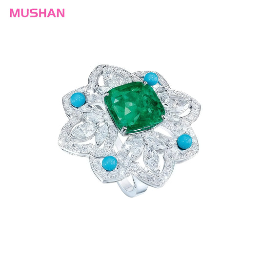 MUSHAN Jewelry Factory Design 925 Sterling Silver Fine Ring High Carbon Diamond with Blue Pine Stone 6.5ct Emerald Jewelry Rings