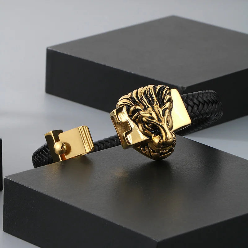 KALEN Men Punk Fashion Bracelets Fine Stainless Steel Leather Wolf Skull Bracelet Bangles