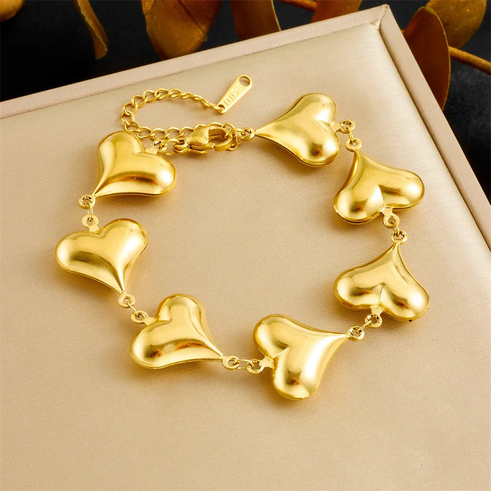 Gold Heart Necklace & Bracelet Jewellery Set | Stainless Steel Fashion Set