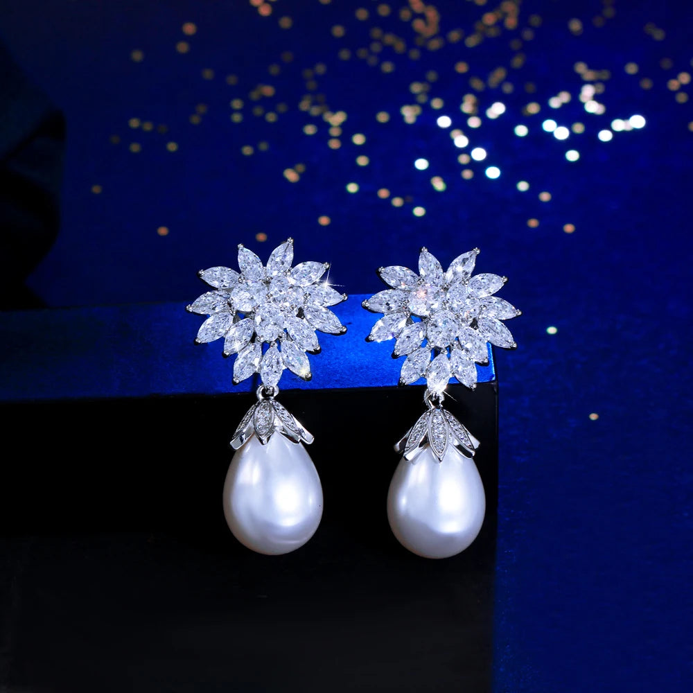 S&S White Marquise CZ Geometric Dangle Drop Earrings – Silver Plated – Collection