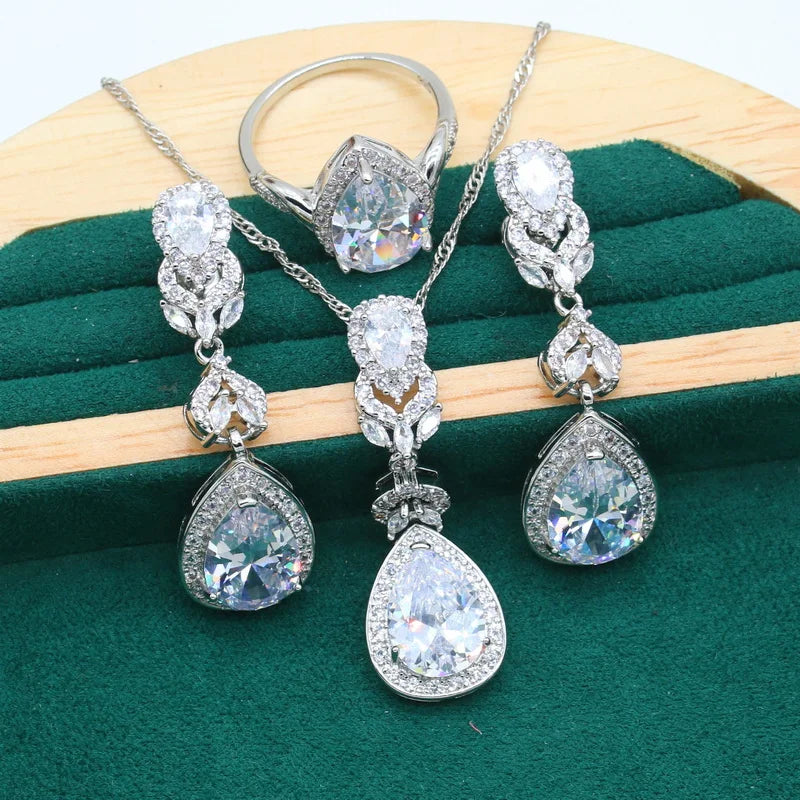 XOTICA Women's Vintage Silver Jewelry Set White Zircon Bracelet Earrings Necklace Pendant Ring for Halloween Christmas Gift