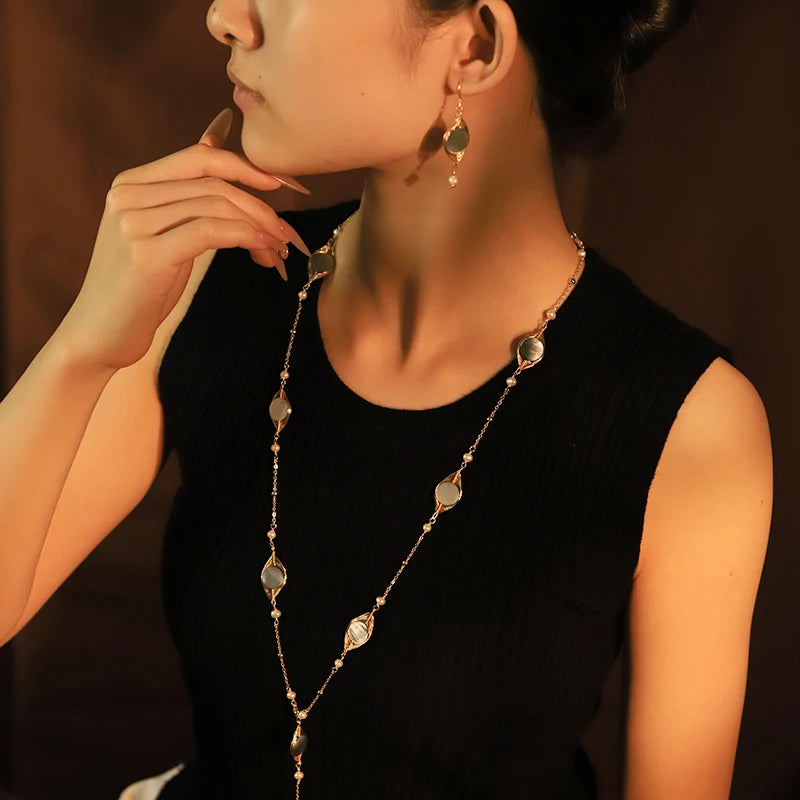 GLSEEVO Natural Freshwater Pearl & Shell Necklace & Earrings Set — Luxury Design for Gifting & Banquet