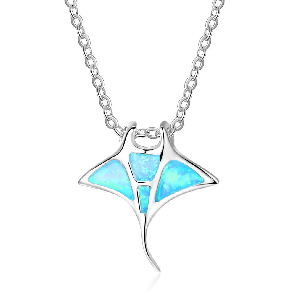 Hawaiian European American Style New Blue Opal Manta Ray Necklace Gold Plated Sweater Chain Pendant