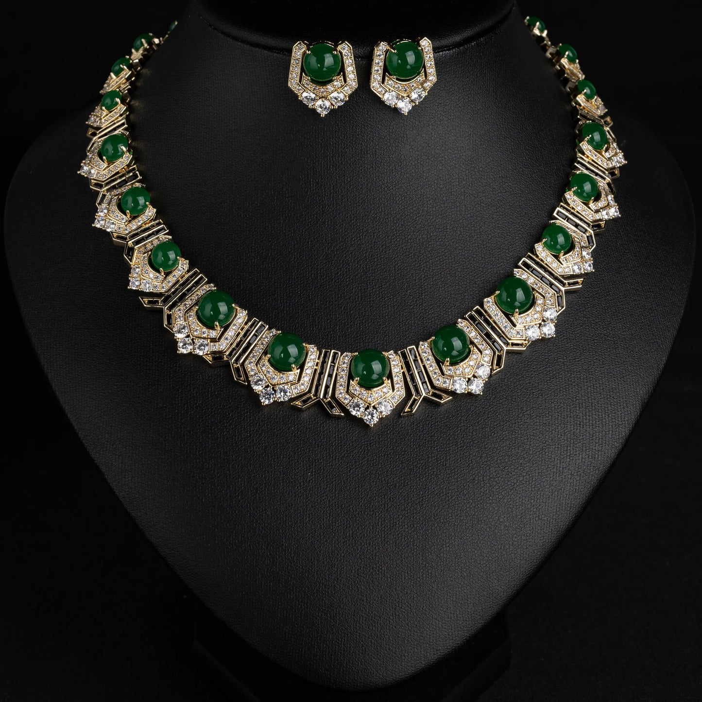 Vintage Zirconia Geometric Choker Necklace & Earrings Bridal Set — Red, Green & Purple