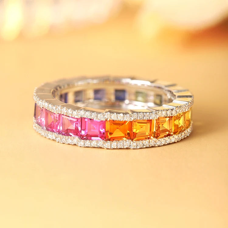 Gemfiori Anster Rainbow Color Eternal Ring Asscher Cut Gemstone Silver Ring Material Customizable Ring for Selection.