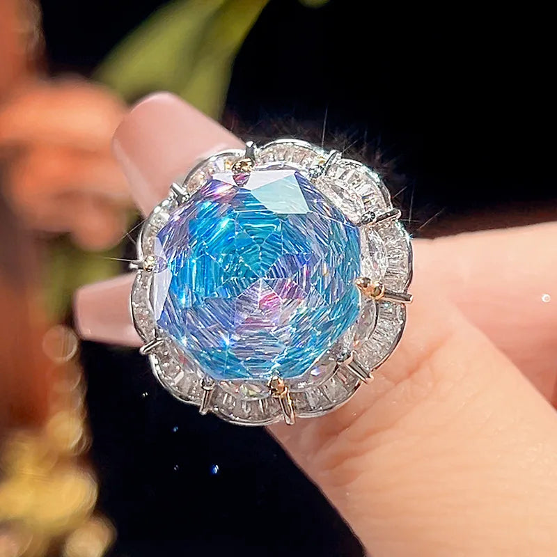 Gemfiori New Women's Fashion Jewelry Necklace Ring Earstuds Copper Gold Plated Rose Cutting Sea Blue Temperament Light Luxury Set