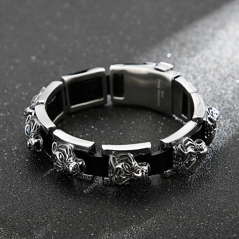 REBEL Punk Fine Jewelry Fashion Bracelets Stainless Steel Leather Tiger Charm Links Bracelet