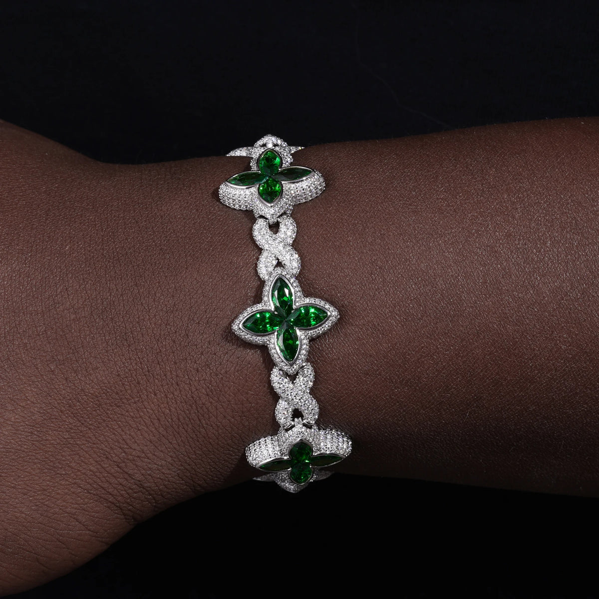 S&S Iced Out Hip Hop Jewelry 21mm Diamond Flower Chain Gold Plated Four Leaf Clover Bracelet CZ Fashion Gift for Anniversary Party