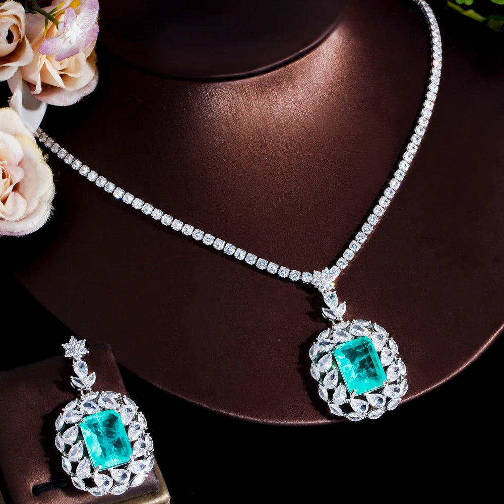 Silver Plated Green Princess Cut Cubic Zirconia Drop Necklace and Earring Jewelry Set for Women Bridal Engagement Luxury Costume