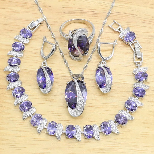 Wholesale 925 Silver Jewelry Set for Women Wedding Amethyst Bracelet Necklace Pendant Birthday Gift for Engagement Party