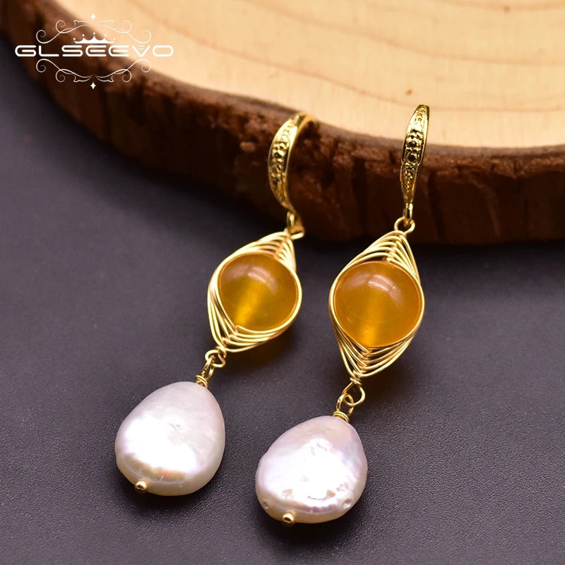 Natural Baroque Pearls Dangle Earring Yellow Jade Jewelry for Women Girl Birthday Gift  Earrings Bulk