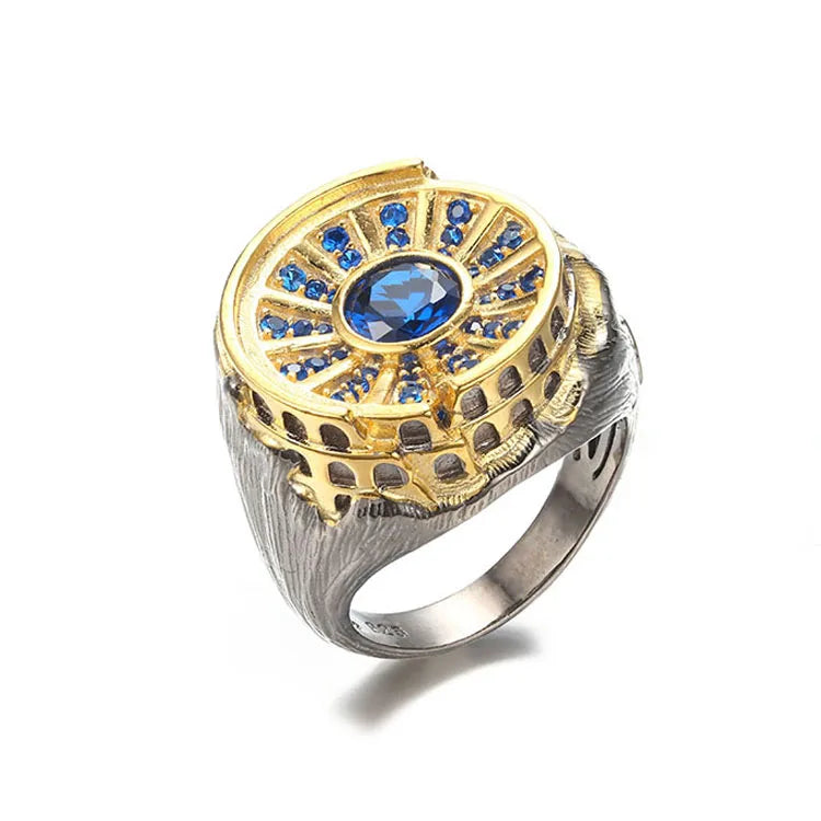 New Design Custom Handmade Blue Crystal Stone Colosseum Christmas 925 Sterling Silver Luxury Gift Woman Jewelry Ring