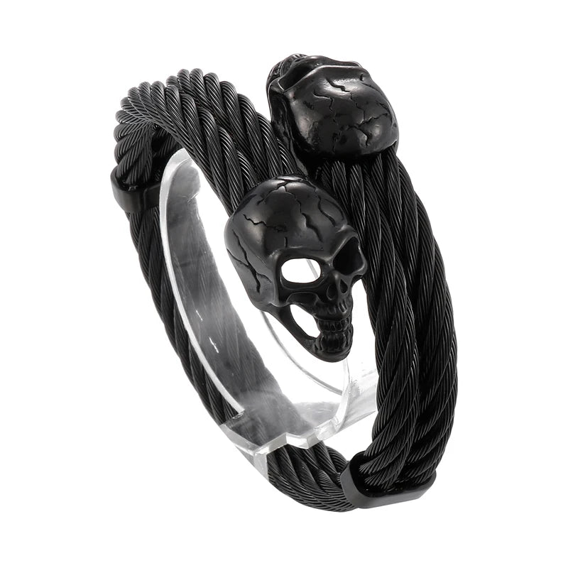 REBEL Mens Punk Stainless Steel Scar Skull Charm Rope Open Bangle Bracelet