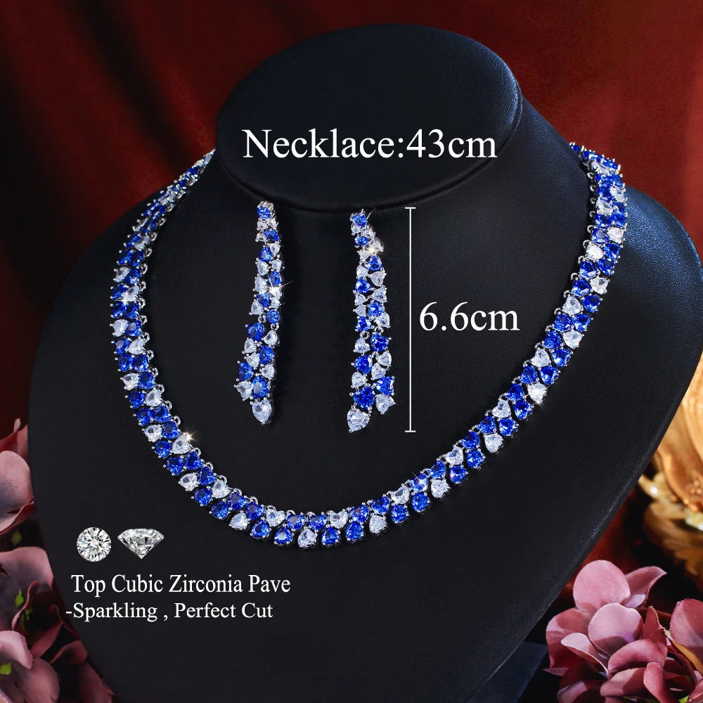 Super Luxury Necklace Earrings White Zirconia and Blue Synthetic Tanzanite Stone Jewelry Set for Women Wedding Party Jewelry