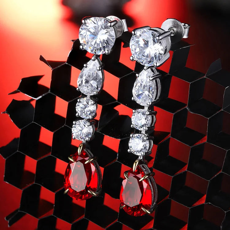 Gemfiori Anster High Quality Fine S925 Silver Lab Grown Ruby Stud Earrings Stylish and Elegant Long Earrings