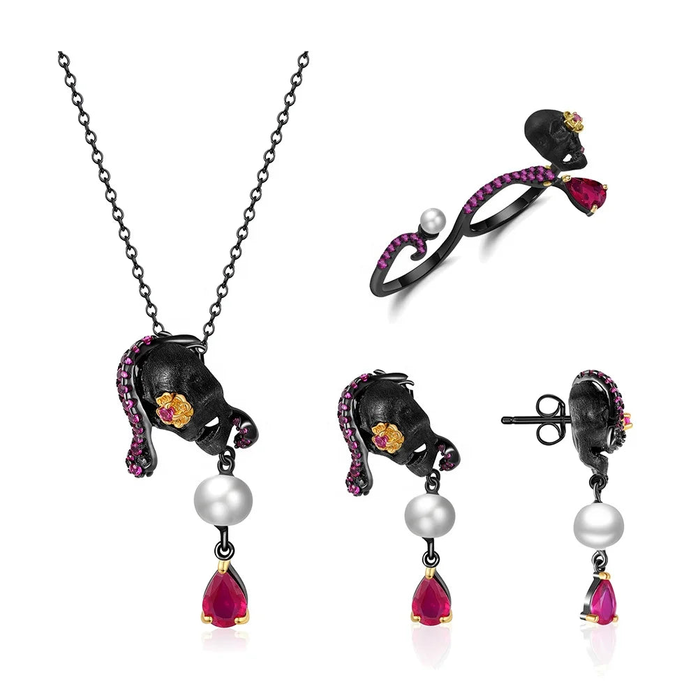 ArtistA C8281Abiding Halloween Design 925 Silver Glass-filled Ruby Pearl Skull Ring Earrings Necklace Pendant Jewelry Set