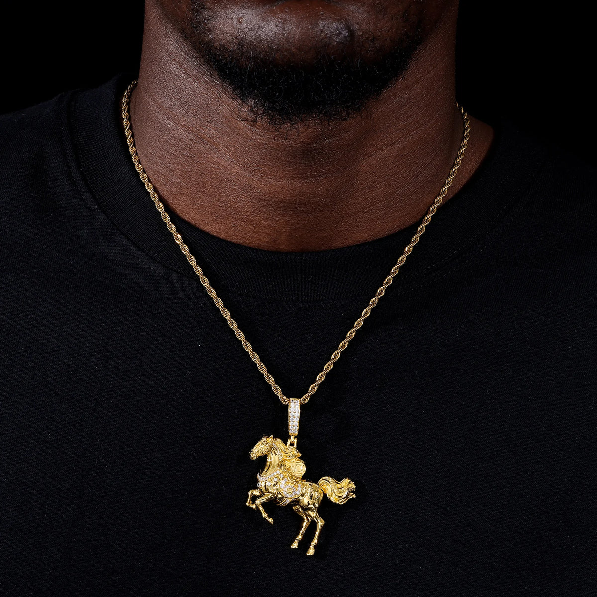REBEL Luxury Galloping Horse Pendant 18K Gold Plated Brass AAAAA CZ Diamond Animal Charm Necklace High Quality Jewelry Factory