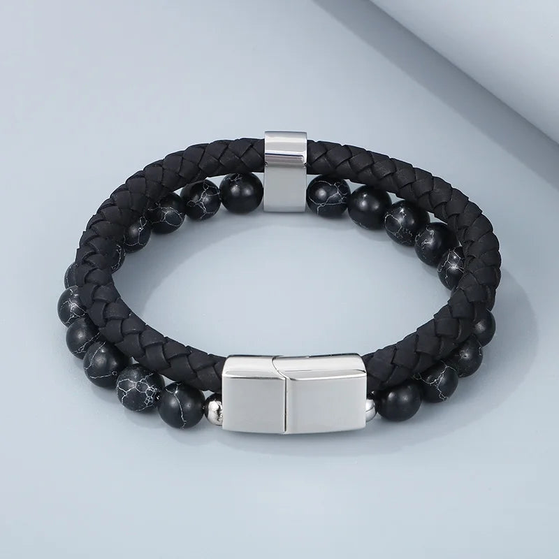 KALEN 210mm Men Mature Stainless Steel Beads&Cowhide Leather Bracelet