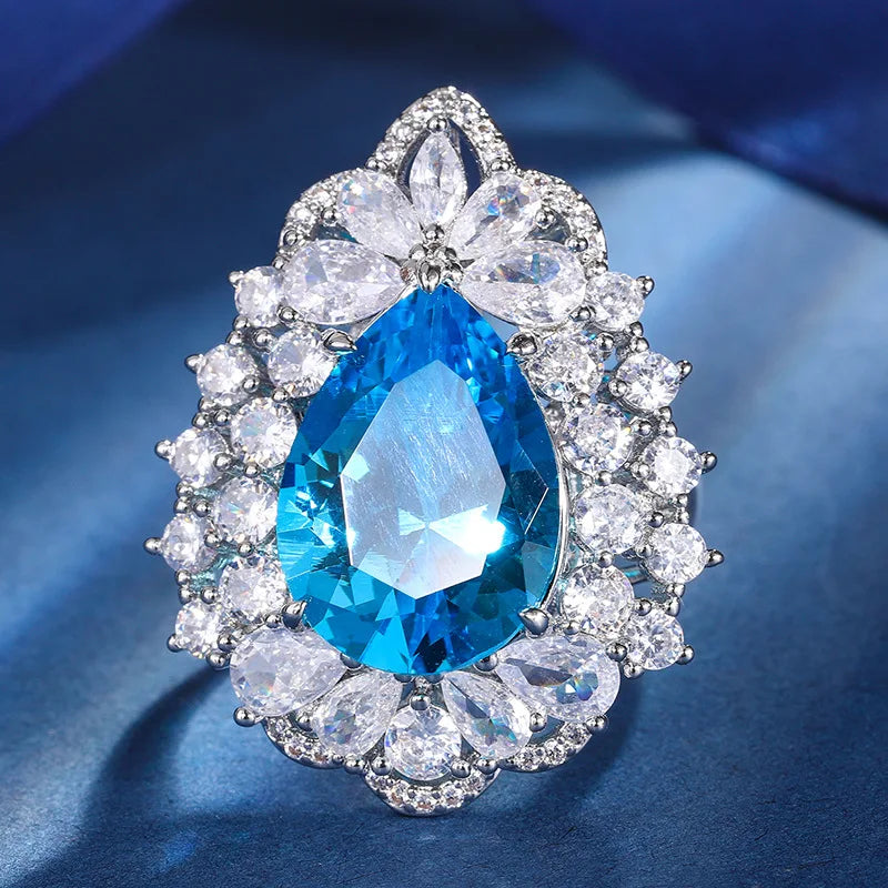 Gemfiori Luxury Pear Cut Gemstone Pendant Necklaces with Matching Ring Double Halo Design Elegant Statement Accessory for Wedding Jewelry