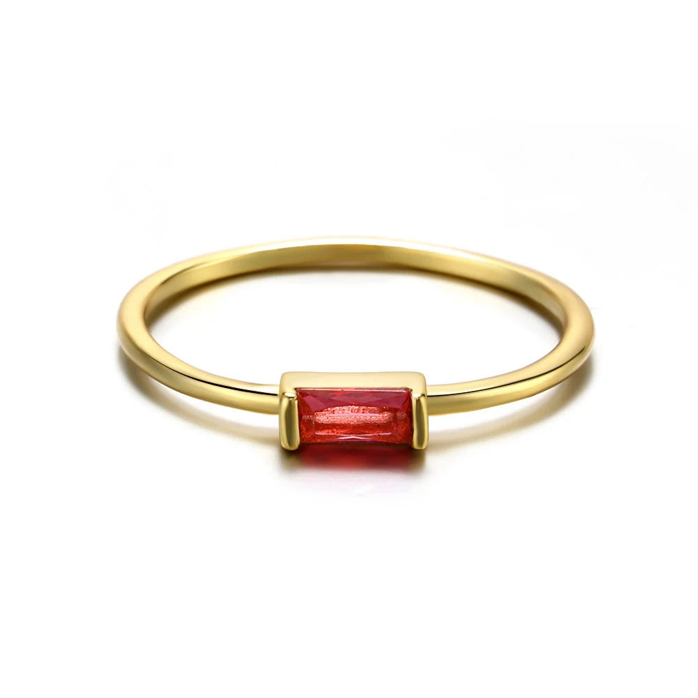 Gold Rhodium Plated Thin Pinky 925 Sterling Silver Romantic Party Colorful Square CZ Zirconia Gemstone Women's Birthstone