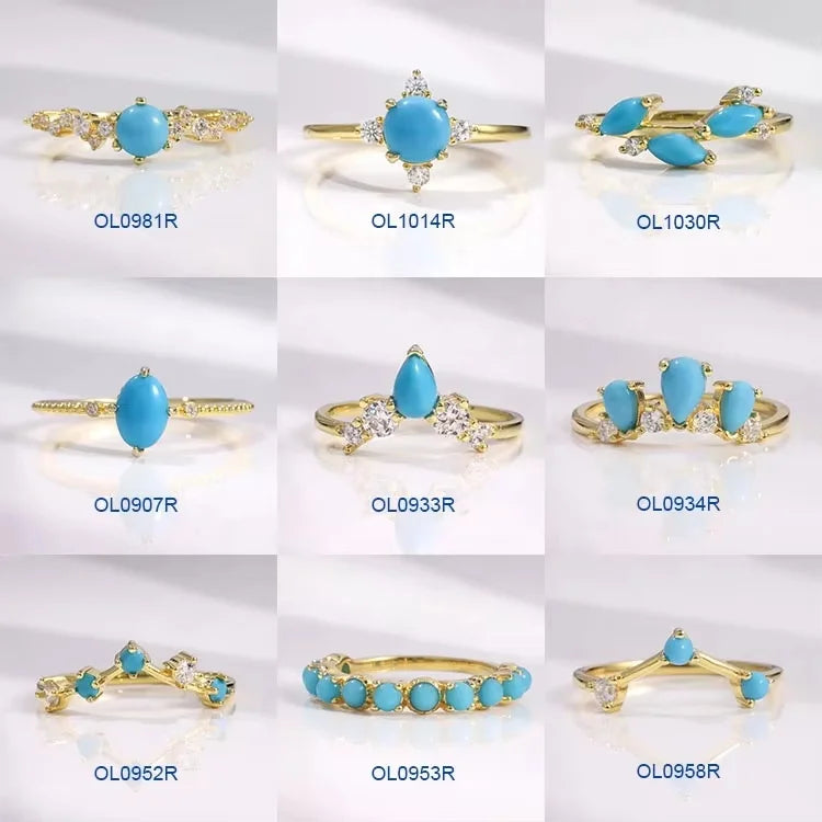 ArtistA Abiding Classic Design 925 Silver Yellow Gold Plated Turquoise Rings Stacking Synthetic Gemstone Turquoise Ring in Stock