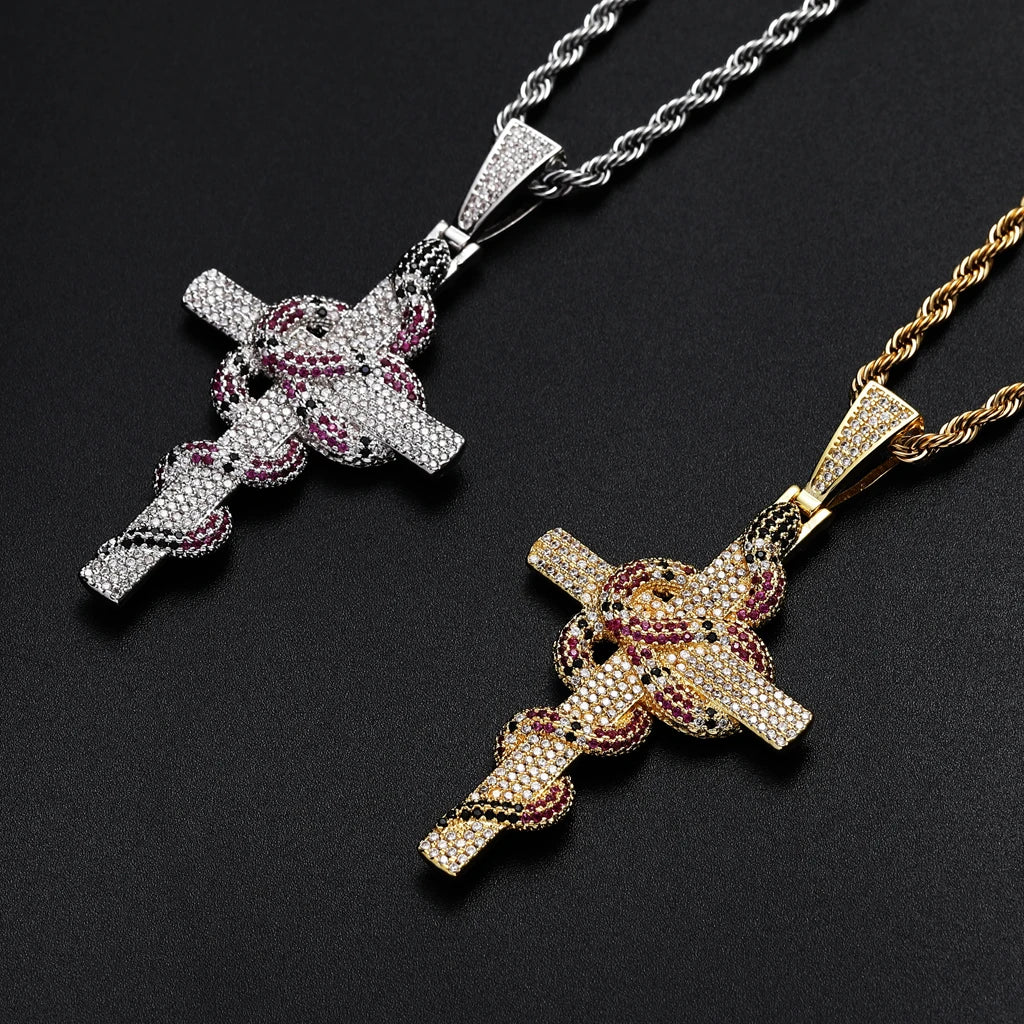 REBEL RQ Hip Hop Jewelry for Men Snake Cross 14K Gold Iced Out Cross Coral Snake Gemstone Shiny Iced Out Cross Pendant
