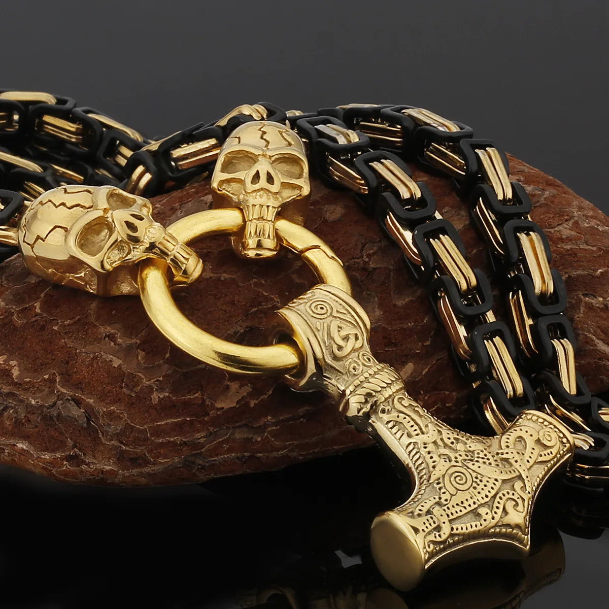 Wholesale Men's Stainless Steel Punk Pendant Necklace Gold Plated Thor Hammer Mjolnir for Mens Jewelry