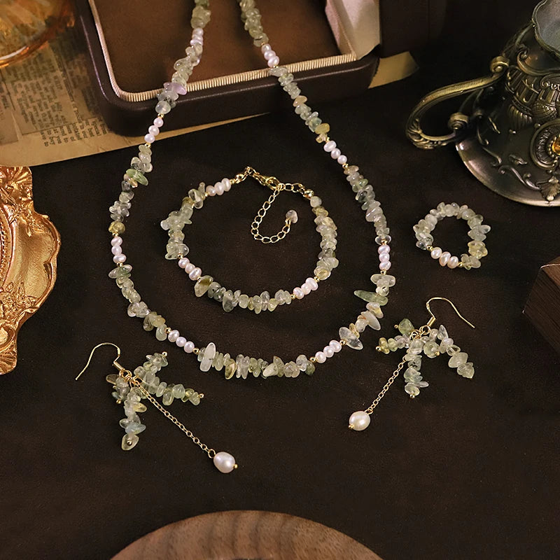 GLSEEVO Natural Freshwater Pearl & Green Prehnite 4-Piece Jewellery Set — Necklace, Bracelet, Earrings & Ring