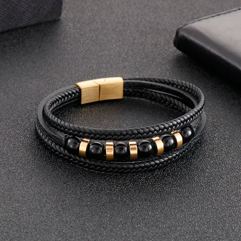 KALEN Men Casual 210mm Braided Leather Bracelet With Stainless Steel Beads