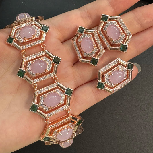 TIANSHE 2026 New Style Luxury Vintage Art Deco Pink Jewelry 3Pcs Set Bracelet Earrings & Ring for Women